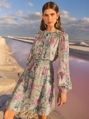V&A I Love & Roses Sage Floral Petite Metallic Ruffle Detail Mini Dress - Image 1 of 4