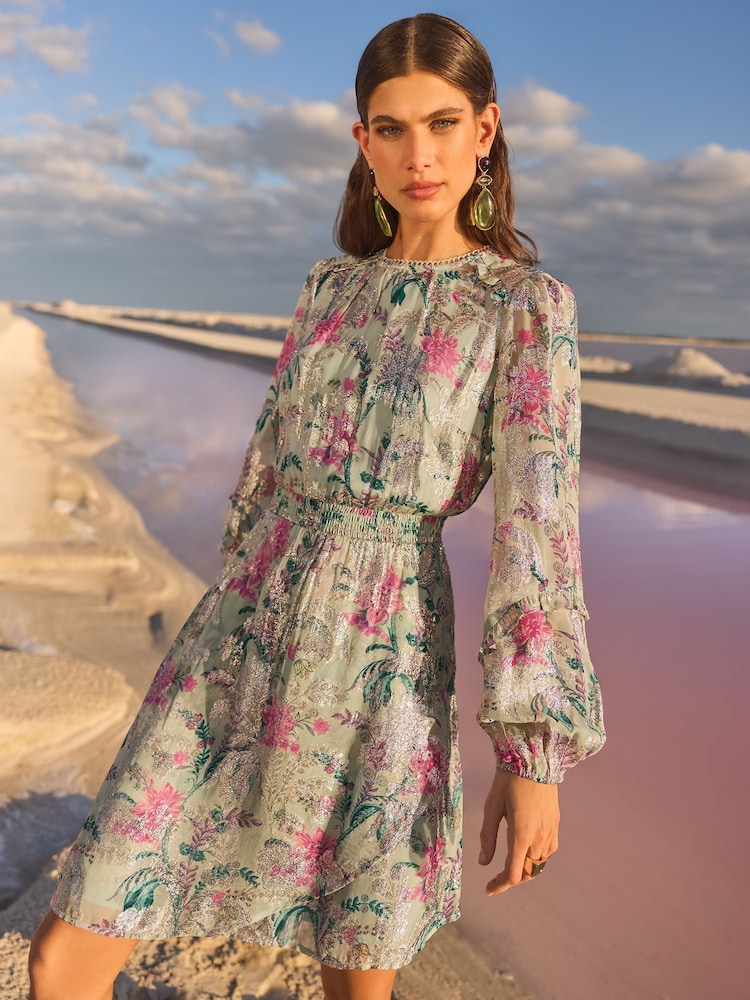 V&A I Love & Roses Sage Floral Petite Metallic Ruffle Detail Mini Dress - Image 1 of 4