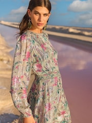 V&A I Love & Roses Sage Floral Petite Metallic Ruffle Detail Mini Dress - Image 2 of 4