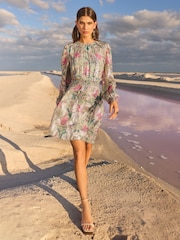 V&A I Love & Roses Sage Floral Petite Metallic Ruffle Detail Mini Dress - Image 3 of 4