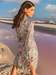 V&A I Love & Roses Sage Floral Petite Metallic Ruffle Detail Mini Dress - Image 4 of 4