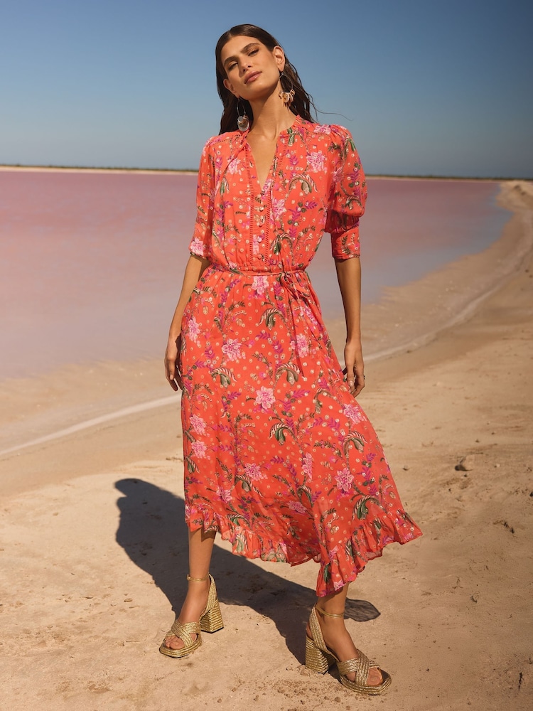 V&A I Love & Roses Orange Floral Metallic Notch Neck 3/4 Sleeve Midi Dress - Image 2 of 5