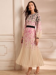 Love & Roses Ivory Animal Petite Printed Crew Neck Pleated Long Sleeve Midi Dress - Image 1 of 5