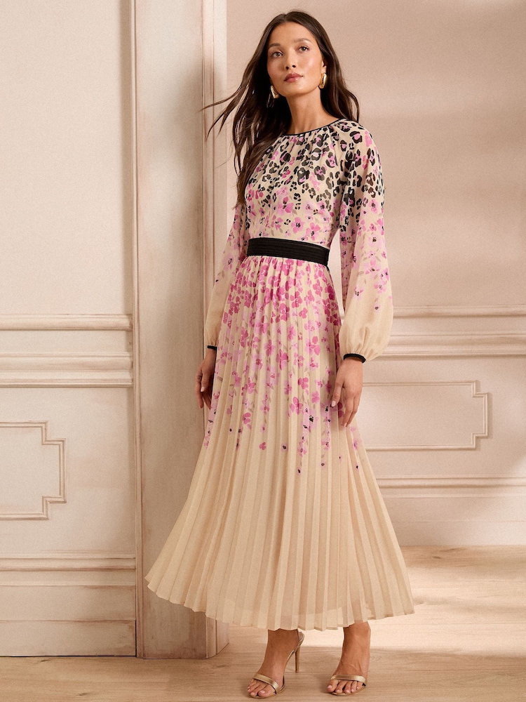 Love & Roses Ivory Animal Petite Printed Crew Neck Pleated Long Sleeve Midi Dress - Image 1 of 5