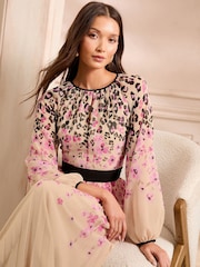 Love & Roses Ivory Animal Petite Printed Crew Neck Pleated Long Sleeve Midi Dress - Image 2 of 5