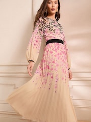 Love & Roses Ivory Animal Petite Printed Crew Neck Pleated Long Sleeve Midi Dress - Image 3 of 5