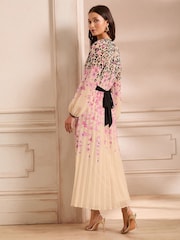 Love & Roses Ivory Animal Petite Printed Crew Neck Pleated Long Sleeve Midi Dress - Image 4 of 5