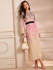 Love & Roses Ivory Animal Petite Printed Crew Neck Pleated Long Sleeve Midi Dress - Image 5 of 5