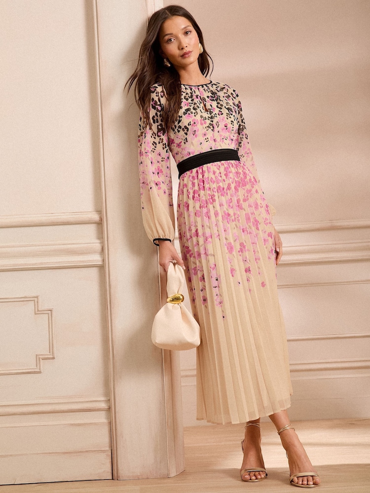 Love & Roses Ivory Animal Petite Printed Crew Neck Pleated Long Sleeve Midi Dress - Image 5 of 5 Love & Roses Ivory Animal Petite Printed Crew Neck Pleated Long Sleeve Midi Dress - Image 5 of 5