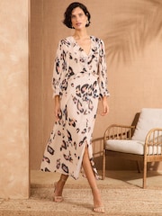 Love & Roses Neutral Animal Pleated Ruffle Midi Dress - Image 1 of 4