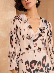 Love & Roses Neutral Animal Pleated Ruffle Midi Dress - Image 2 of 4