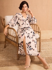Love & Roses Neutral Animal Pleated Ruffle Midi Dress - Image 3 of 4