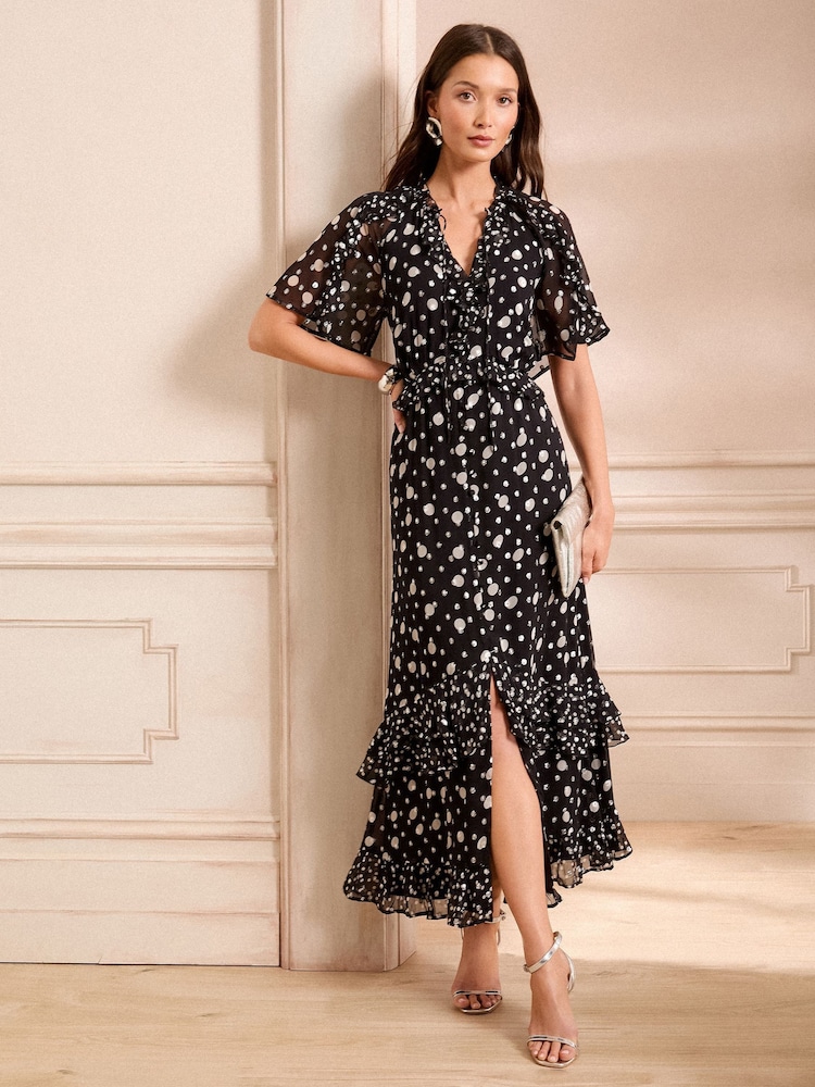 Love & Roses Black Spot Metallic Ruffle Maxi Dress - Image 1 of 4