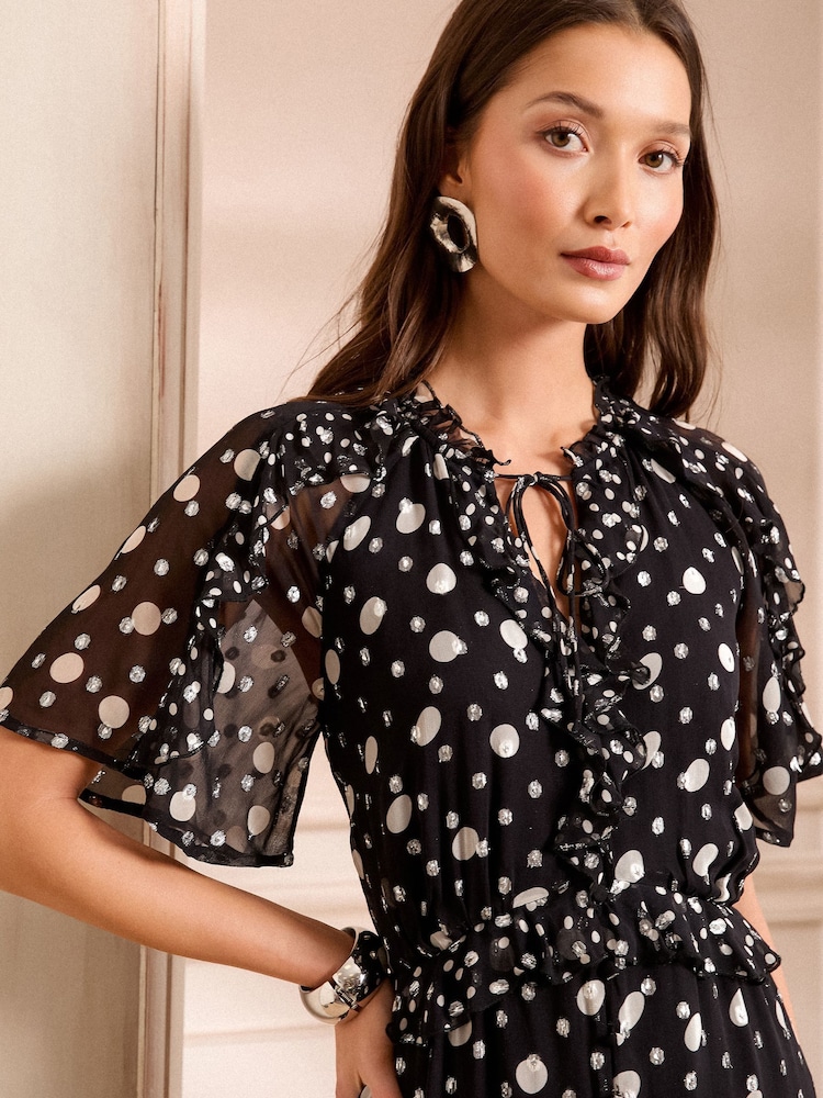 Love & Roses Black Spot Metallic Ruffle Maxi Dress - Image 2 of 4