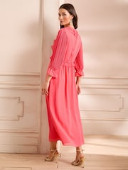 Love & Roses Coral Pink Petite Pleated Ruffle Midi Dress - Image 3 of 4