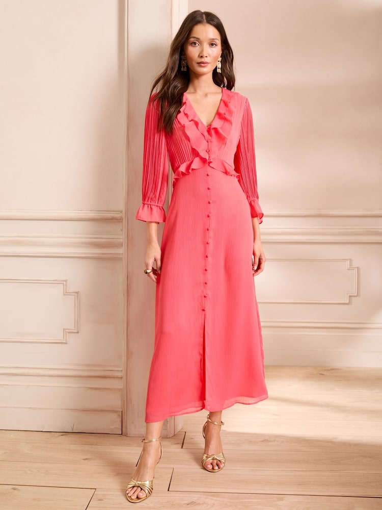 Love & Roses Coral Pink Petite Pleated Ruffle Midi Dress - Image 4 of 4