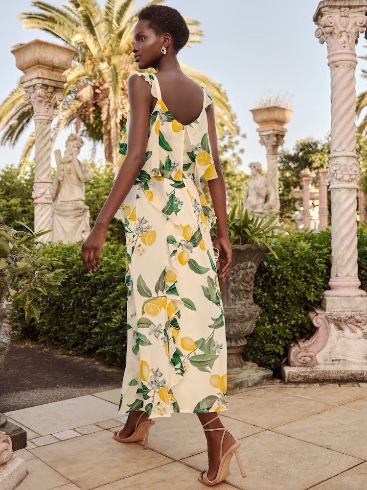 Love & Roses Buttermilk Petite Lemon Printed Ruffle Midi Dress - Image 2 of 4