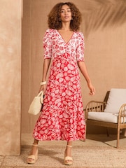 Love & Roses Red Shell V-Neck Ruched Sleeve Midi Dress - Image 1 of 4