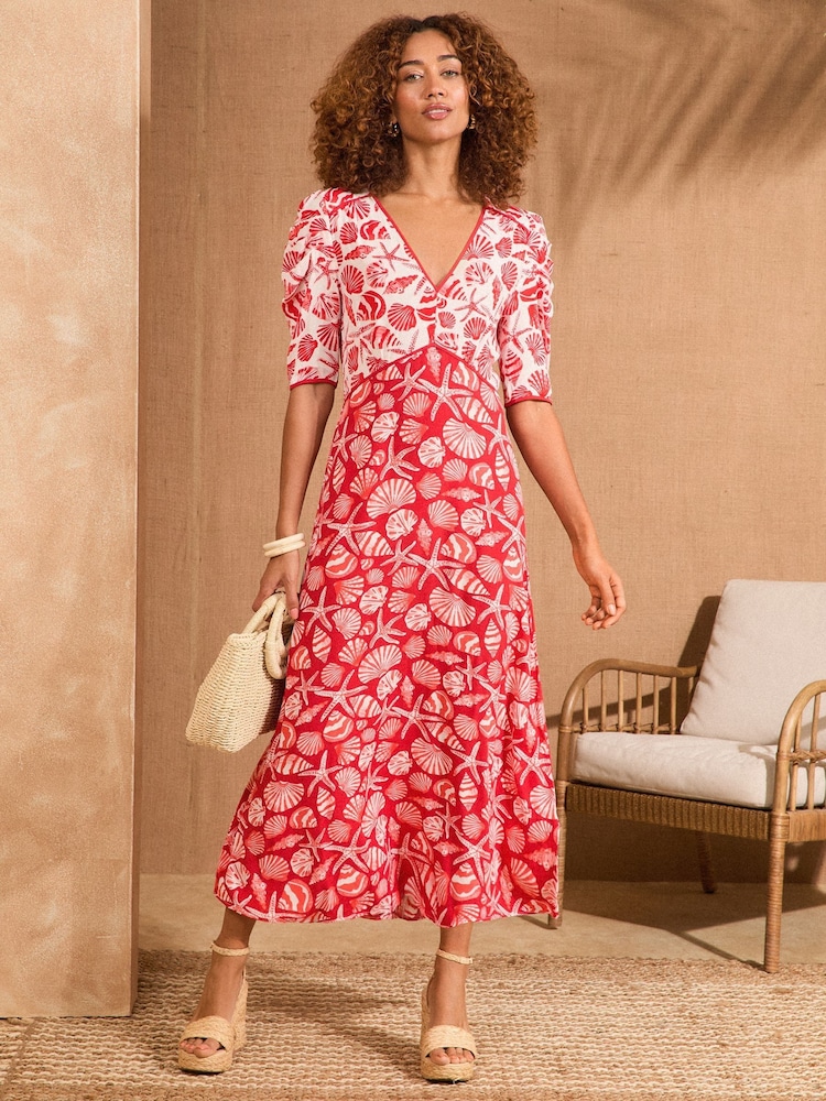 Love & Roses Red Shell V-Neck Ruched Sleeve Midi Dress - Image 1 of 4