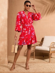 Love & Roses Red Floral Notch Neck Belted 3/4 Sleeve Mini Dress - Image 1 of 4
