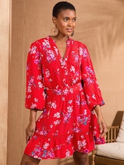 Love & Roses Red Floral Notch Neck Belted 3/4 Sleeve Mini Dress - Image 2 of 4