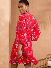 Love & Roses Red Floral Notch Neck Belted 3/4 Sleeve Mini Dress - Image 4 of 4