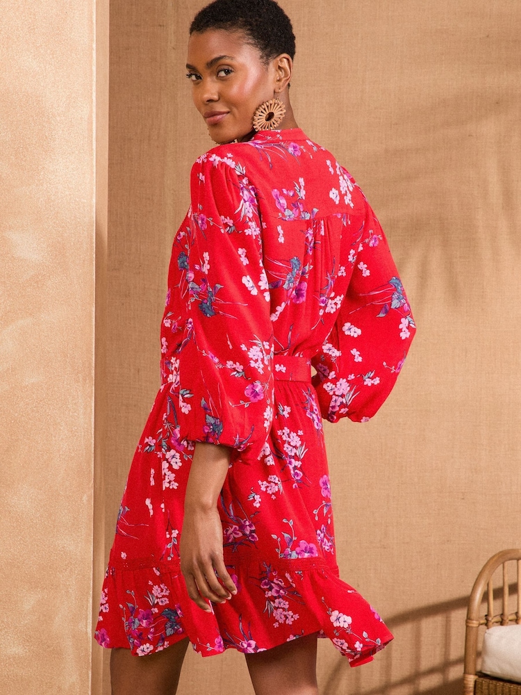 Love & Roses Red Floral Notch Neck Belted 3/4 Sleeve Mini Dress - Image 4 of 4