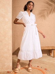 Love & Roses White Dobby Broderie Belted Midi Dress - Image 1 of 4