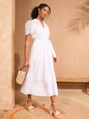 Love & Roses White Dobby Broderie Belted Midi Dress - Image 3 of 4