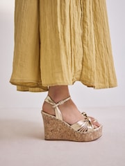 Gold Signature Premium Leather Round Toe Twist Detail High Wedges - Image 1 of 10