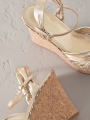 Gold Signature Premium Leather Round Toe Twist Detail High Wedges - Image 10 of 10