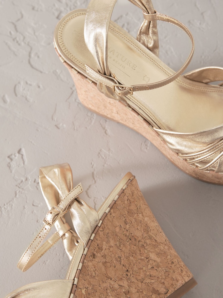 Gold Signature Premium Leather Round Toe Twist Detail High Wedges - Image 10 of 10