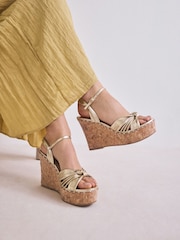 Gold Signature Premium Leather Round Toe Twist Detail High Wedges - Image 2 of 10
