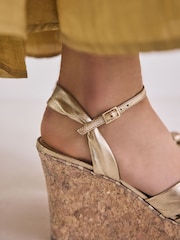 Gold Signature Premium Leather Round Toe Twist Detail High Wedges - Image 4 of 10
