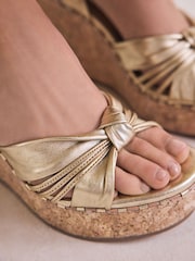 Gold Signature Premium Leather Round Toe Twist Detail High Wedges - Image 5 of 10