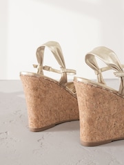 Gold Signature Premium Leather Round Toe Twist Detail High Wedges - Image 8 of 10