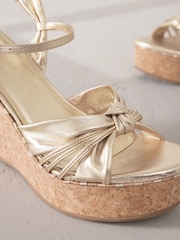 Gold Signature Premium Leather Round Toe Twist Detail High Wedges - Image 9 of 10