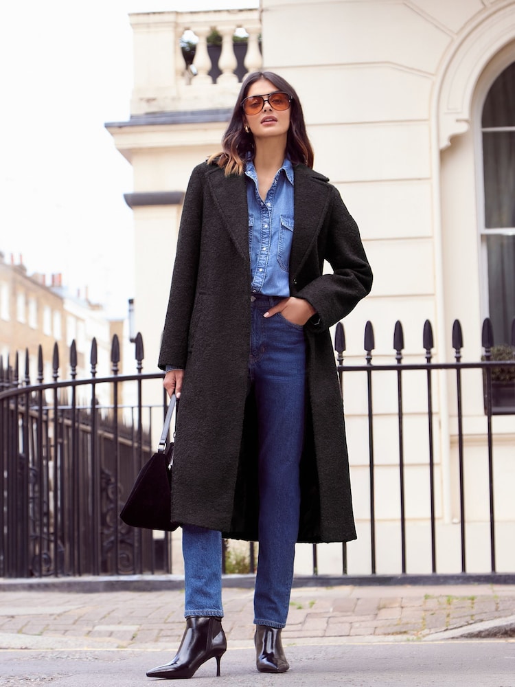 Friends Like These Black Wrap Belted Boucle Textured Midi Coat - Image 1 of 4