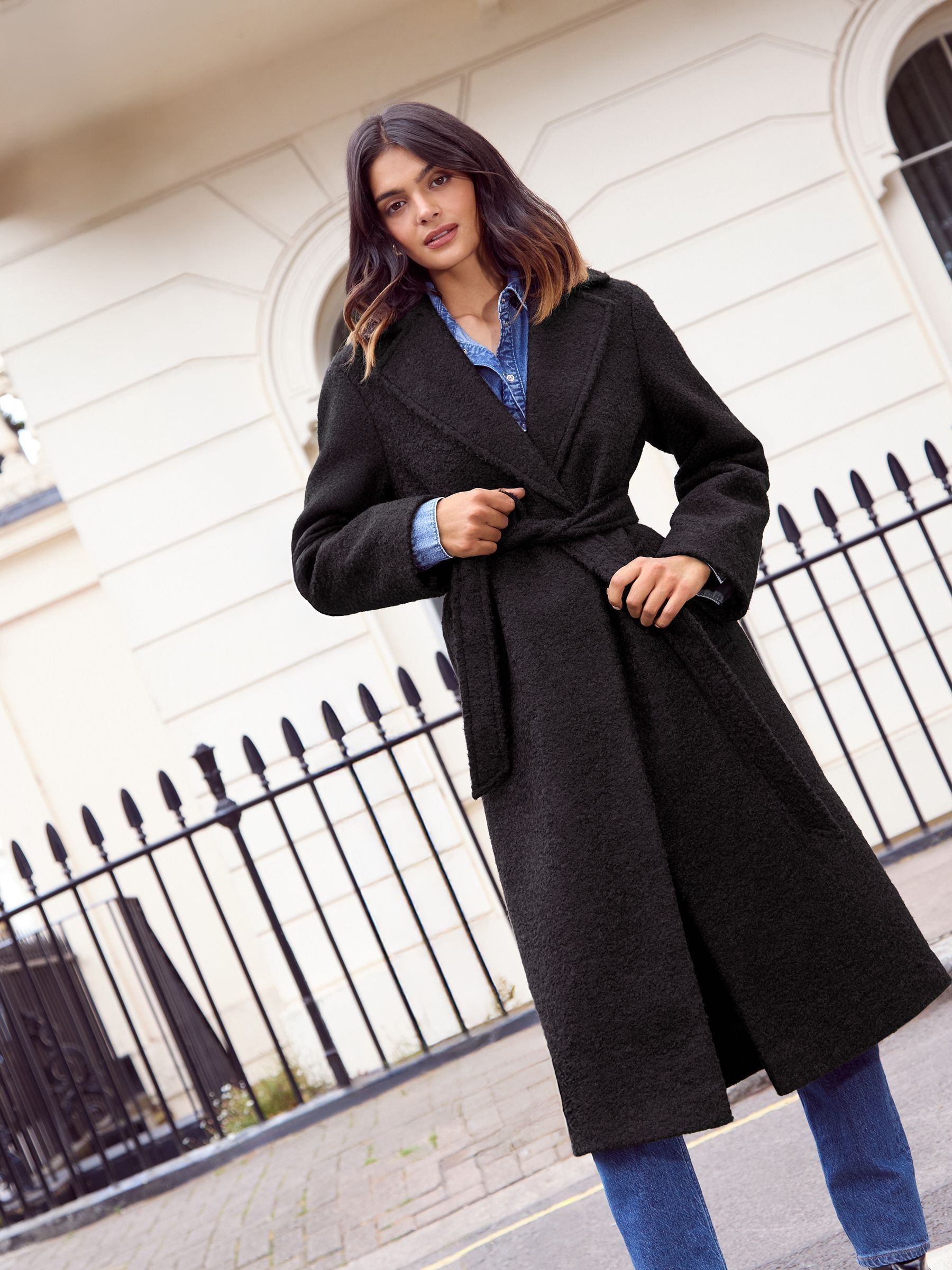 Buy Friends Like These Black Wrap Belted Boucle Textured Midi Coat