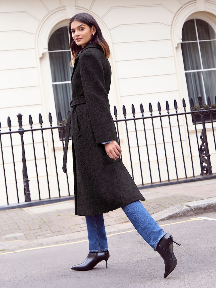 Friends Like These Black Wrap Belted Boucle Textured Midi Coat - Image 4 of 4