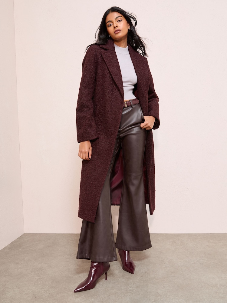 Friends Like These Burgundy Red Wrap Belted Boucle Textured Midi Coat - Image 1 of 4