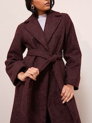 Friends Like These Burgundy Red Wrap Belted Boucle Textured Midi Coat - Image 2 of 4