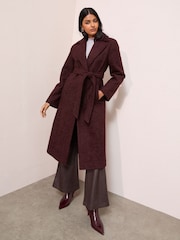 Friends Like These Burgundy Red Wrap Belted Boucle Textured Midi Coat - Image 3 of 4