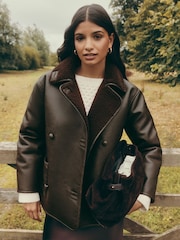 Friends Like These Brown Oversized Button Front Borg Lined Jacket - Image 1 of 5