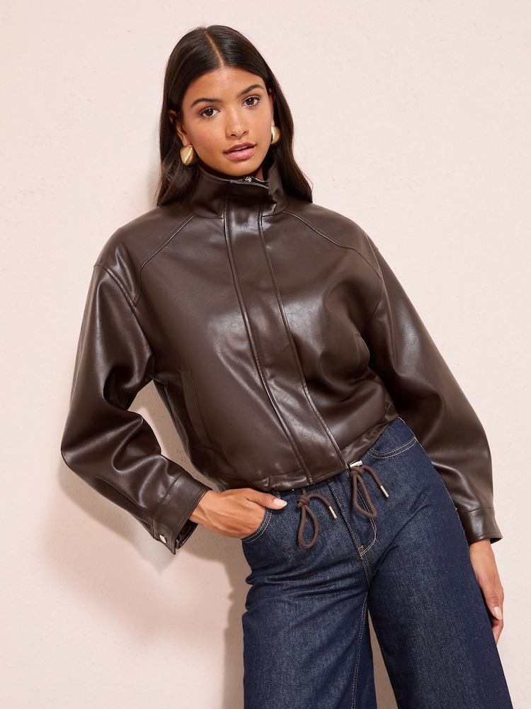 Friends Like These Chocolate Brown Faux Leather Bomber Jacket - Image 2 of 4