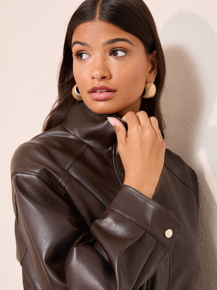 Friends Like These Chocolate Brown Faux Leather Bomber Jacket - Image 4 of 4 Friends Like These Chocolate Brown Faux Leather Bomber Jacket - Image 4 of 4