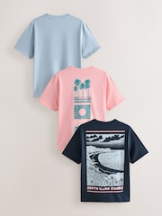 Blue/Navy/Pink Graphic 100% Cotton T-Shirts 3 Pack - Image 1 of 9