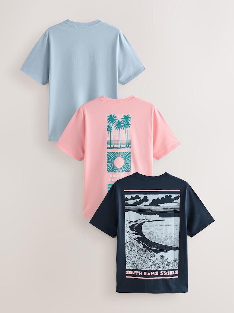 Blue/Navy/Pink Graphic 100% Cotton T-Shirts 3 Pack - Image 1 of 9