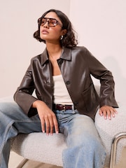 Friends Like These Brown Faux Leather Short Collared Jacket - Image 1 of 4