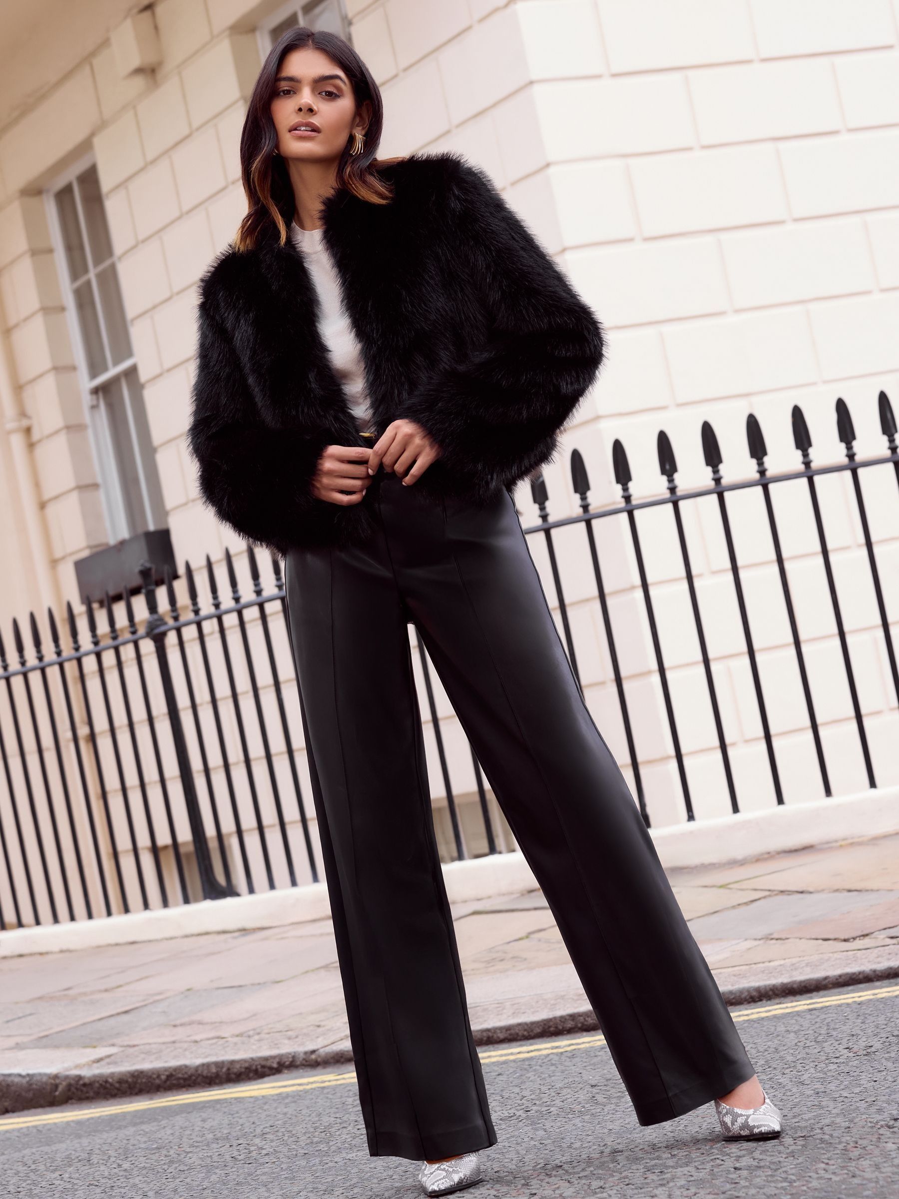Buy Friends Like These Black Short Faux Fur Collarless Jacket from